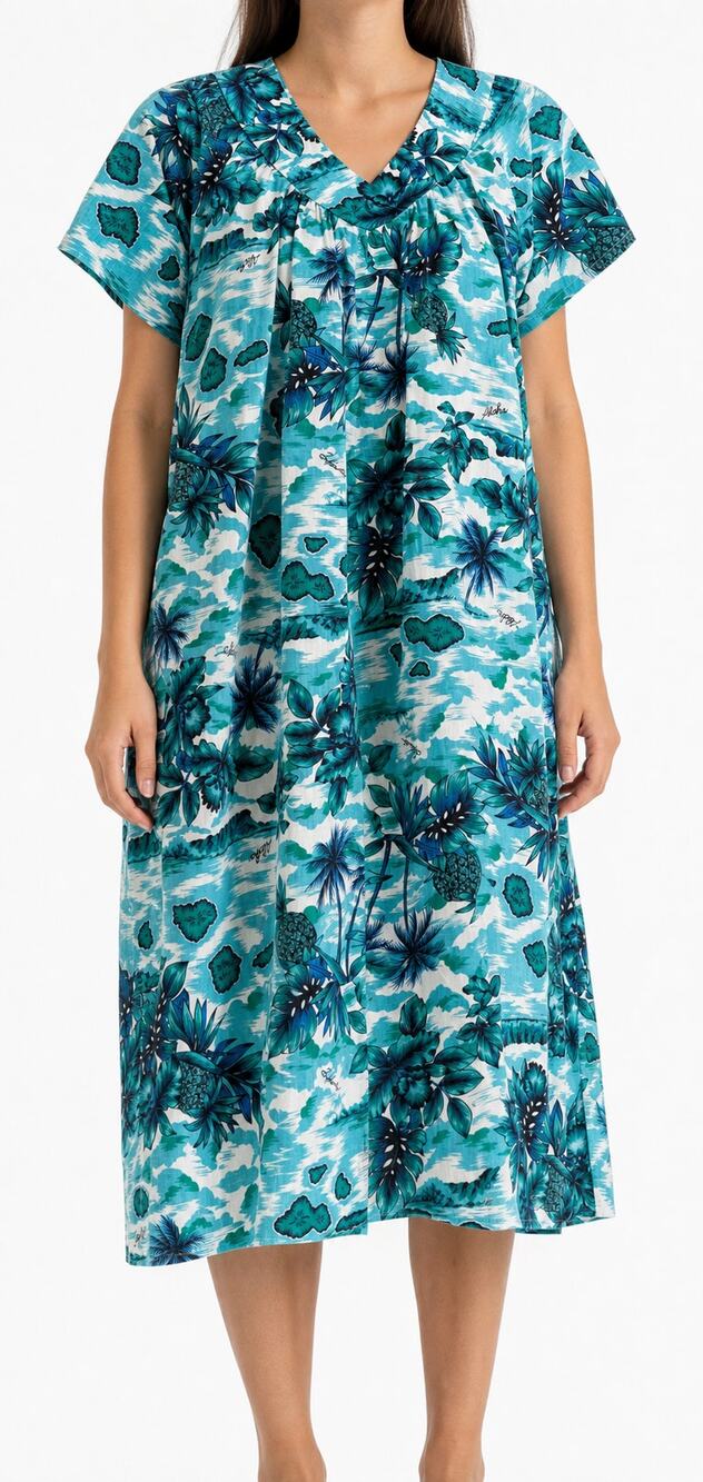 Made in Hawaii Women Muumuu Traditional House Dress Teal Tropical Floral Est 1X